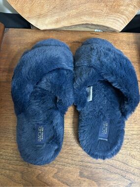 Rachel Rachel Roy Navy Plush Faux Fur Cross Band House Slippers Women’s M 7-8